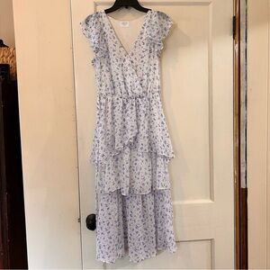 Senna Sky Floral Ruffle Midi Dress Spring Blue White Cute Whimsical Fairy